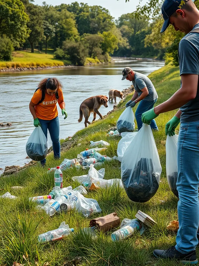 A picture of volunteers cleaning up a riverbank, highlighting the club's commitment to environmental stewardship.