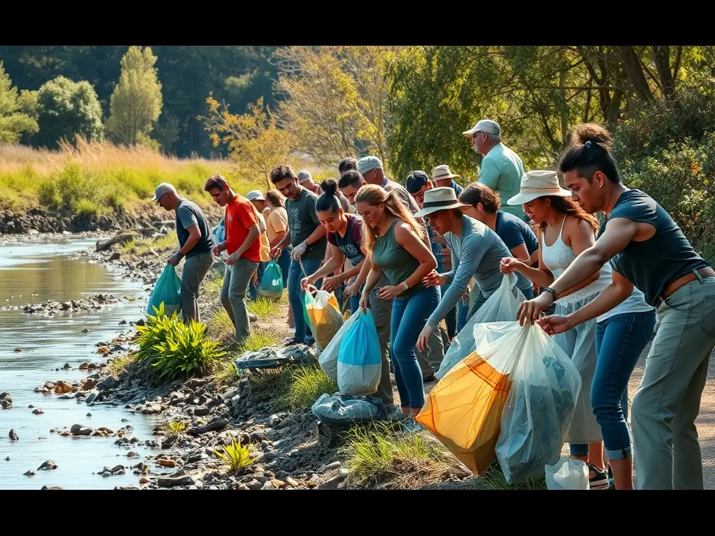 A photo of a group participating in a river cleanup event, wearing gloves and collecting trash from the riverbank. The image highlights the club's commitment to environmental stewardship.