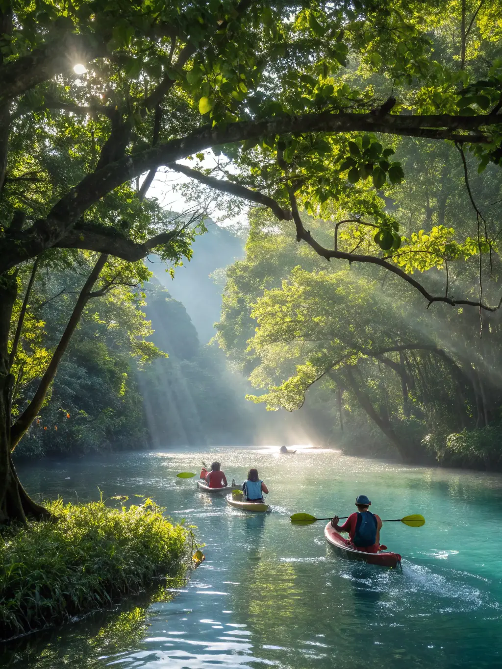 A group of kayakers paddling down a calm river, surrounded by trees, showcasing a guided tour.