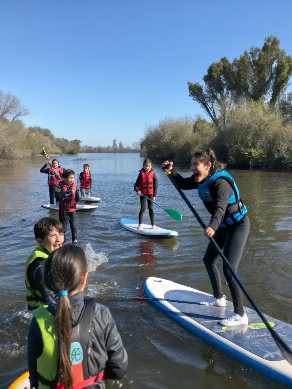 A photo of children participating in a kayaking lesson in a safe, controlled environment, emphasizing youth engagement.