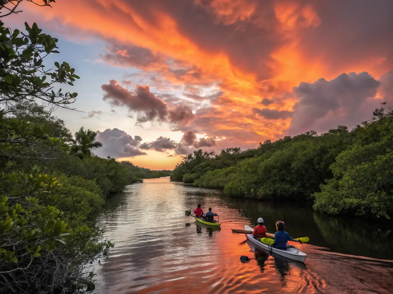 A group of kayakers paddling down a calm river, surrounded by lush green trees, with the sun shining through the leaves, reflecting on the water's surface. The scene captures the essence of a guided kayaking tour.